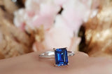 1.5ct Emerald Cut Blue Sapphire Engagement Ring 14k White Gold Finish Solitaire