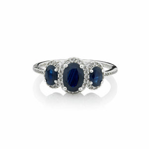 2.5ct Oval Cut Blue Sapphire 3 Stone Halo Engagement Ring 14k White Gold Finish