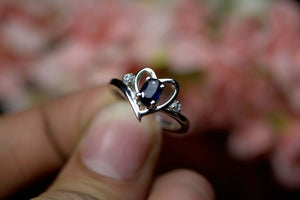 0.8ct Engagement Ring Oval Cut Blue Sapphire Heart Trilogy 14k White Gold Finish