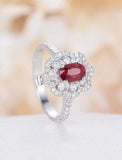 2ct Oval Cut Ruby Engagement Ring Halo Art Deco 14k White Gold Over Round Accent