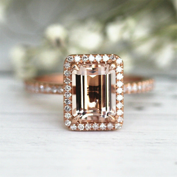 4Ct Emerald Cut Morganite Diamond Accent Halo Engagement Ring 14K Rose Gold Over