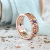 2ct Princess Cut Blue Sapphire Wedding Band Vintage Filigree 14k Rose Gold Over